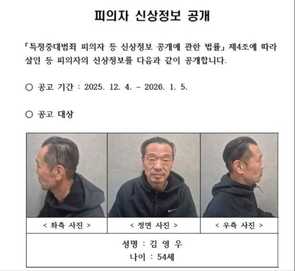 '청주 실종 여성' 사건의 피의자 김영우(54)의 신상이 공개됐다. [사진=충북경찰청]
