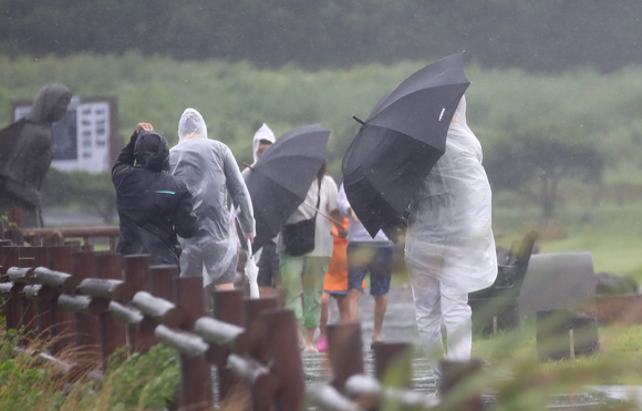 제11호 태풍 '힌남노' 간접영향으로 비바람이 부는 2일 오후 제주 서귀포시 대정읍 송악산에 우산을 쓴 관광객들이 걸어가고 있다. 기상청은 태풍 힌남노가 이날 우리나라를 향해 방향을 틀어 오는 6일 새벽께 서귀포 남동쪽 해상까지 접근할 것으로 예측했다. [사진=뉴시스]