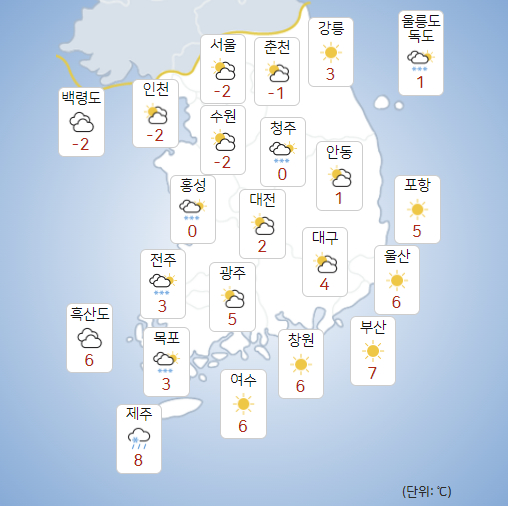4일 중부내륙을 중심으로 영하권의 강추위가 이어지고 바람도 강하게 불어 체감온도는 더욱 낮겠다. [사진=기상청 ]