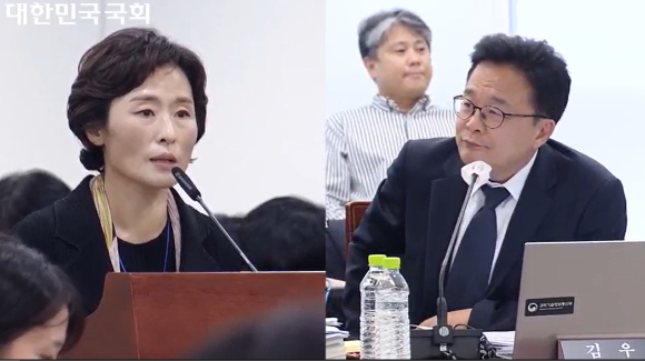 김우영 의원이 국정감사에서 김형숙 한양대 교수(왼쪽)를 대상으로 특혜 의혹에 대해 질문하고 있다. [사진=국회]