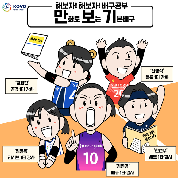 한국배구연맹(KOVO)은 12일부터 프로배구 홍보와 배구 저변 확대를 목적으로 하는 교육용 웹툰 '만화로 보는 기본배구'를 연재한다. [사진=한국배구연맹(KOVO)]