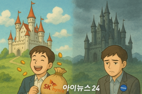 챗GPT로 '성과급에 희비가 엇갈린 메모리 2톱 기업'의 모습을 그린 그림. [사진=챗GPT]