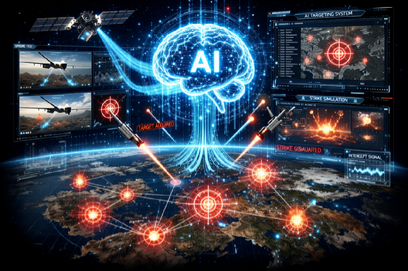 위성&middot;드론 데이터를 분석해 타깃을 설정하는 AI 전장 시스템을 키워드로 생성형 AI가 제작한 이미지. [사진=챗GPT 제작]