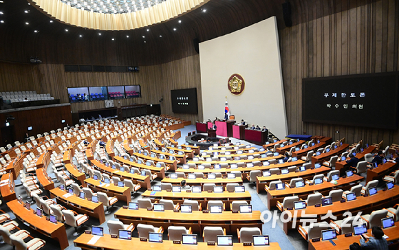 25일 서울 여의도 국회에서 열린 제429회국회(정기회) 제9차 본회의에서 박수민 국민의힘 의원이 정부조직법 일부개정법률안(대안)에 대한 무제한 토론(필리버스터)을 하고 있다. [사진=정소희 기자]