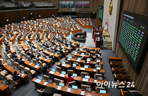 23일 국회에서 열린 본회의에서 농어업고용인력 지원 특별법 일부개정법률안이 재석 199명 중 찬성 187명, 반대 2명, 기권 10명으로 가결되고 있다. [사진=곽영래 기자]