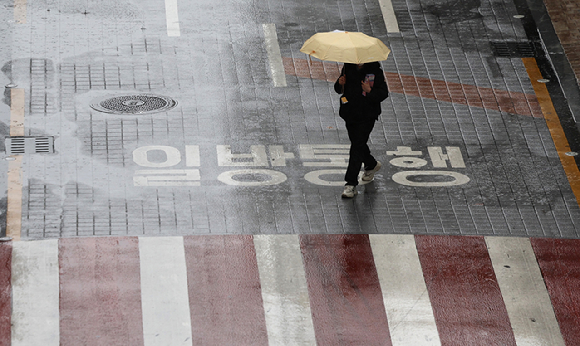 비가 내리는 지난달 15일 대구 중구 동성로에서 한 시민이 우산을 쓰고 이동하고 있다. [사진=뉴시스]