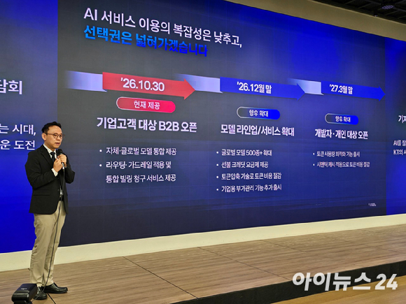 박상원 KT AX사업부문장(전무)이 27일 서울 종로구 광화문 웨스트빌딩에서 열린 기자간담회에서 AI 모델 선택, 비용 관리, AI신뢰&middot;안전 기능을 하나의 플랫폼에서 제공하는 AI 플랫폼 '토큰팩토리'에 대해 발표하고 있는 모습. [사진=안세준 기자]