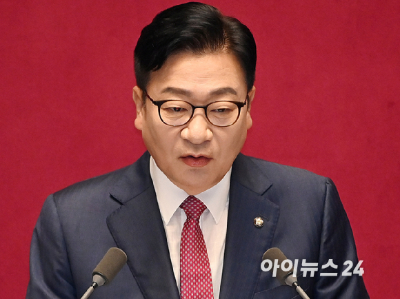 정점식 국민의힘 원내대표가 8일 국회에서 열린 정기국회 제4차 본회의에서 교섭단체 대표 연설을 하고 있다. [사진=곽영래 기자]