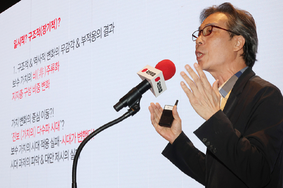  28일 인천국제공항공사 항공교육원에서 열린 2025 국민의힘 국회의원 연찬회에서 박명호 동국대 정치외교학과 교수가 '국민의힘 혁신과 보수의 재구성'을 주제로 특강하고 있다. [사진=연합뉴스]