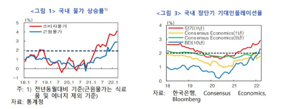 국내물가상승률과 인플레이션율 그래프. [사진=한국은행]
