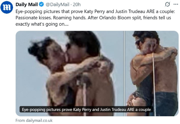 트뤼도 전 캐나다 총리와 팝스타 케이티 페리의 열애 사진 [사진=@DailyMail X 캡처]