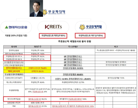 무궁화신탁금융그룹은 무궁화신탁이 현대자산운용을 지배하고, 무궁화신탁이 최대주주인 무궁화성장1호 PEF를 통해 케이리츠투자운용, 무궁화캐피탈 등을 지배하는 출자 구조를 띄고 있다. PEF를 통해 계열회사를 지배하는 구조여서 금융감독 당국이 출자 구조 개편을 요구했다.