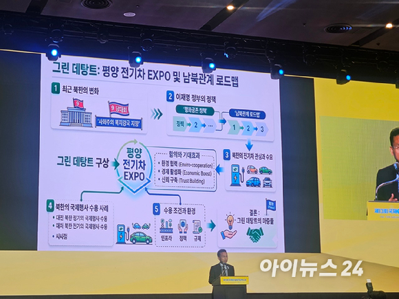 임을출 경남대 극동문제연구소 북한개발국제협력센터장이 25일 제주신화월드에서 열린 '2027 평양 국제 전기차 엑스포 추진을 위한 라운드테이블'에서 발표하고 있다. [사진=설재윤 기자]