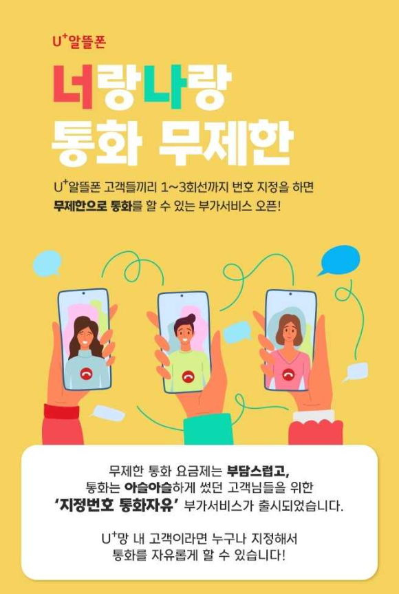 LG유플러스는 알뜰폰(MVNO)고객의 통신 이용 경험 혁신을 위해 ‘지정번호 통화자유’ 서비스를 단독 출시했다고 3일 밝혔다. 사진은 지정번호 통화자유 서비스를 소개하는 안내 포스터. [사진=LGU+]