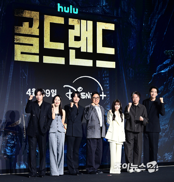 배우 김성철-문정희-이현욱-박보영-김희원-이광수가 27일 서울 영등포구 여의도동 콘래드 서울 호텔에서 열린 디즈니+ 오리지널 시리즈 '골드랜드' 제작발표회에 참석하고 있다. [사진=정소희 기자]