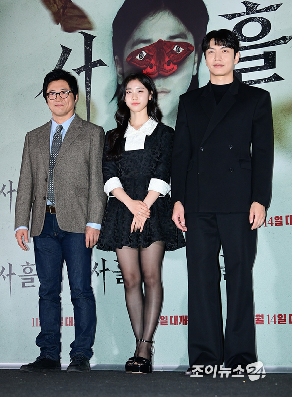 배우 박신양-이레-이민기가 12일 오후 서울 CGV 용산아이파크몰에서 열린 영화 '사흘'(감독 현문섭) 언론시사회에 참석하고 있다. [사진=정소희 기자]