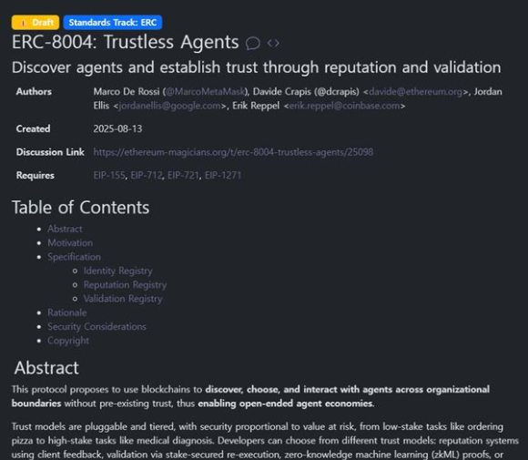 이더리움 재단 AI 팀 리드 Davide Crapis'가 ERC-8004 메인넷 배포를 예고했다. [사진=Davide Crapis 트위터]