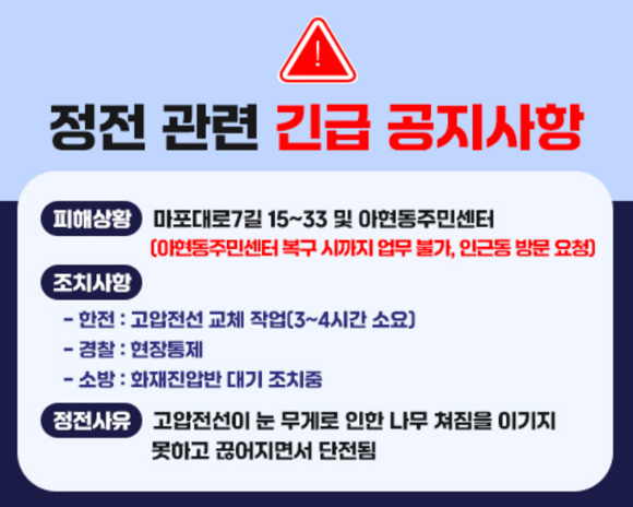 폭설이 이틀째 내리는 가운데 28일 서울 마포구 일부 지역에선 정전과 단수 피해가 연이어 발생해 주민들이 불편을 겪었다. 사진은 마포구가 홈페이지에 올린 '정전 관련 긴급 공지 사항'. [사진=마포구]