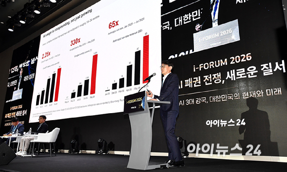 종합경제미디어 아이뉴스24의 대표 지식 컨퍼런스 '아이포럼 2026'이 22일 서울 용산구 서울드래곤시티 한라홀에서 'AI 패권 전쟁, 새로운 질서: AI 3대 강국, 대한민국의 현재와 미래'를 주제로 열린 가운데강경수 카운터포인트리서치 연구위원, 리서치 디렉터가 'Global Memory Market trends: AI disruption and geopolitical tensions impact memory demand'라는 주제로 발표를 하고 있다. [사진=곽영래 기자]