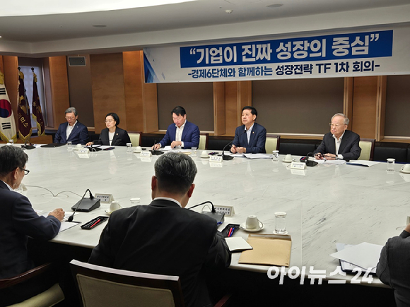 구윤철 경제부총리 겸 기획재정부 장관(오른쪽)과 최태원 대한상공회의소 회장이 5일 대한상의서 진행된 성장전략 TF 1차 회의에 참석하고 있다. [사진=최란 기자]
