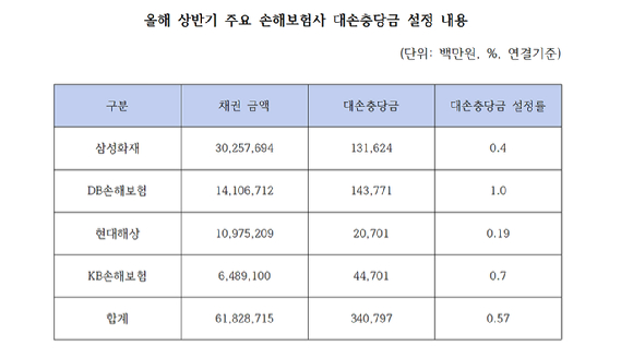 올해 상반기 주요 손해보험사 대손충당금 설정 내용 [사진=금융감독원 전자공시시스템]