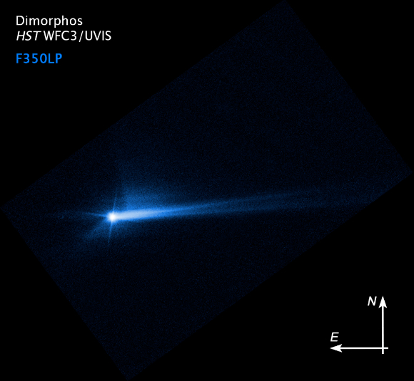 지난해 10월 8일 NASA의 허블우주망원경이 촬영한 디모포스. 9월 26일 소행성이 DART 우주선에 의도적으로 충돌한 지 285시간 후에 디모포스 표면에서 폭발한 파편을 볼 수 있다. [사진=NASA]
