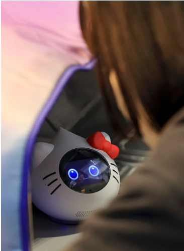 CES 2025 개막 이틀째인 지난 1월8일(현지시간) 미국 네바다주 라스베이거스 베네시안 엑스포 일본 믹시(Mixi) 전시관에서 대화형 로봇 로미가 전시관 관계자와 소통하고 있다. [사진=연합뉴스]