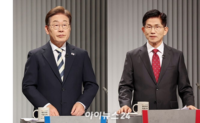 더불어민주당 이재명&middot;국민의힘 김문수&middot;개혁신당 이준석&middot;민주노동당 권영국 대선후보가 23일 서울 여의도 KBS 스튜디오에서 열린 제21대 대선 2차 후보자 토론회를 준비하고 있다. 2025.5.23 [국회사진기자단] [사진=연합뉴스]