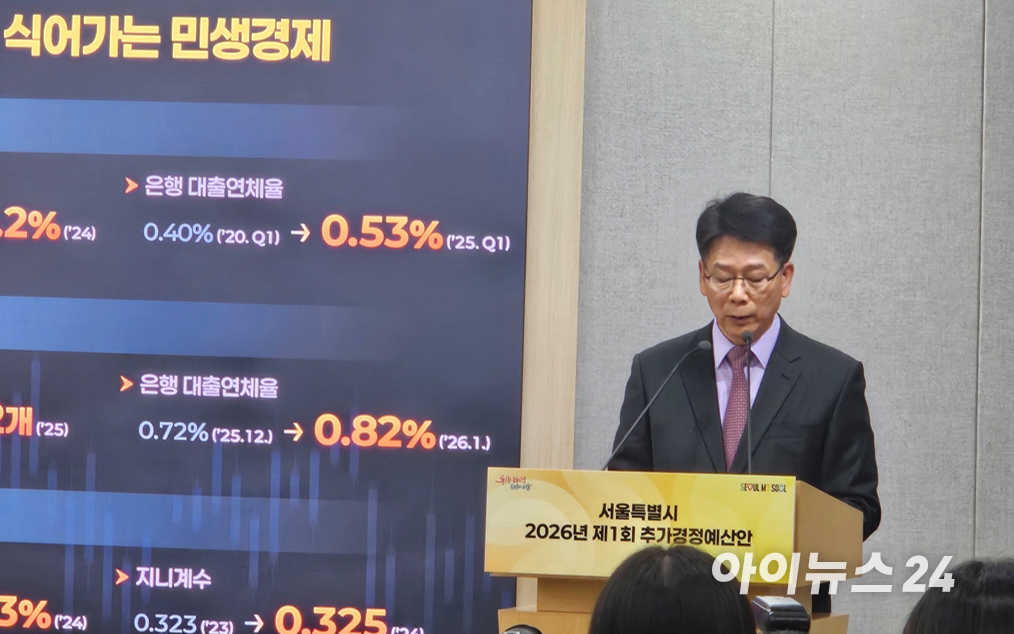 14일 이동률 서울시 기획조정실장 직무대리가 서울시 중구 서울시청 브리핑룸에서 제1회 추가경정예산안 기자설명회를 하고 있다. [사진=홍성효 기자]