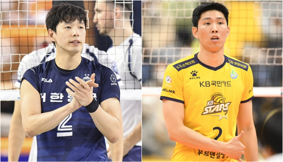 한국 남자배구 대표팀의 세터 한선수(왼쪽)와 황택의. [사진=한국배구연맹(KOVO)]
