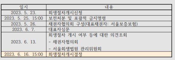 플라이강원의 회생절차개시결정 진행 경과 [사진=서울회생법원]