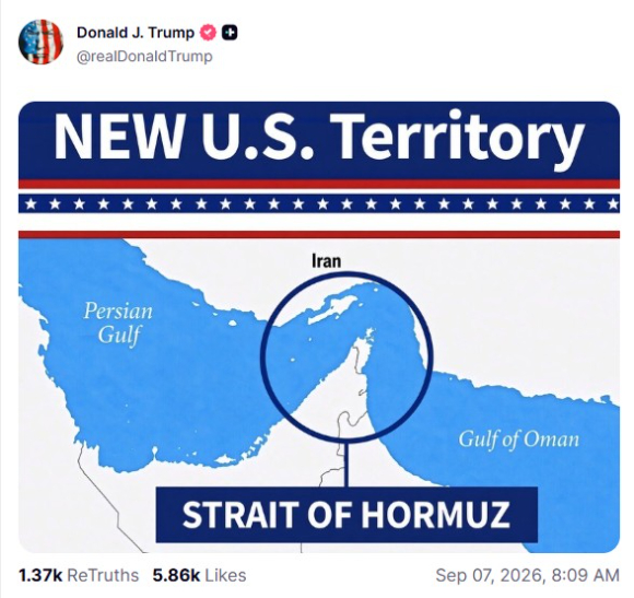 도널드 트럼프 미국 대통령이 호르무즈 해협을 'NEW U.S. Territory(새로운 미국 영토)'로 표시해 소셜미디어에 올린 지도. [사진=트루스소셜 캡처]