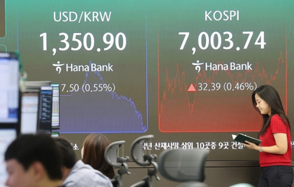 2일 장 마감 후 서울 중구 하나은행 딜링룸 [사진=연합뉴스]