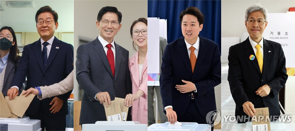 제21대 대통령 선거를 이틀 앞둔 1일 더불어민주당 이재명 대선 후보(사진 왼쪽부터)가 울산광역시 일산해수욕장 앞에서, 국민의힘 김문수 대선 후보가 경기도 수원컨벤션센터 광장에서, 개혁신당 이준석 대선 후보가 경기도 화성시 동탄호수공원에서 지지를 호소하고 있다. 2025.6.1 [사진=연합뉴스]