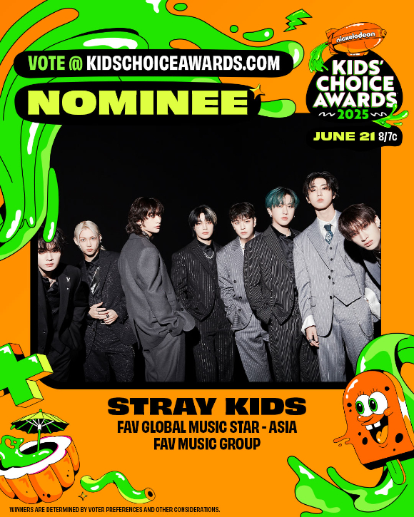 스트레이 키즈가 '2025 키즈 초이스 어워즈'(2025 Kids' Choice Awards)'의 '페이보릿 뮤직 그룹'(Favorite Music Group)과 '페이보릿 글로벌 뮤직 스타'(Favorite Global Music Star) 총 2개 부문 후보로 선정됐다. [사진=JYP엔터테인먼트]