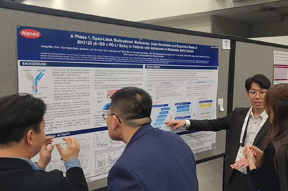 미국 휴스턴에서 열린 면역항암학회(SITC)에서 한미약품 연구원들이 BH3120의 연구 성과와 임상 경과가 담긴 포스터 내용을 설명하고 있다. [사진=한미약품 제공]