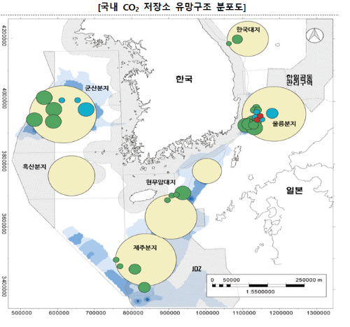 국내 이산화탄소 저장소 유망구조 분포도. [사진=산업부]