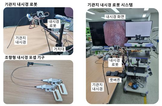 한국기계연구원과 충남대학교병원이 기관지 내시경 로봇 시스템을 개발했다. (왼쪽 위부터 시계 방향으로) 기관지 내시경 로봇, 기관지 내시경 로봇 시스템, 내시경 겸자 기구. [사진=기계연]