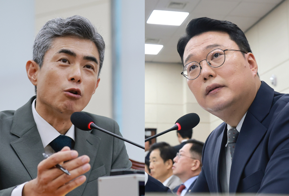 강신철 국방부 장관 후보자(왼쪽)가 16일 국회 국방위원회에서 열린 인사청문회에서 국방위원 질의에 답하고 있다. 오른쪽은 강 후보자 청문회에서 질의하고 있는 천하람 개혁신당 원내대표. 2026.9.16 [사진=연합뉴스]
