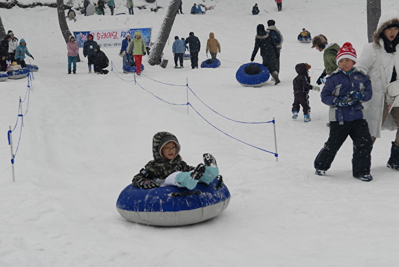 올해 2월 나리분지에서 개최된 눈 축제에 많은 주민과 관광객들이 어울려 눈썰매를 타고있다. [사진=울릉군청]