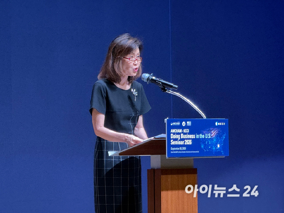 제임스 김 암참 회장 겸 대표이사가 30일 서울 중구 대한상공회의소 국제회의장에서 열린 대한상의-암참 비즈니스 세미나에서 인사말을 하고 있다. [사진=정현지 인턴기자]
