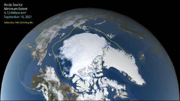 올해 9월 북극 바다 얼음 분포. 노란색은 1981~2010년 평균값이다. 평균값보다 훨씬 작은 규모를 보였다. [사진=NASA 기후변화]