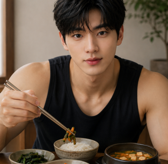 사진은 AI 생성 이미지로, 당근 반찬이 포함된 한식을 먹는 모델 모습. [사진=챗GPT]