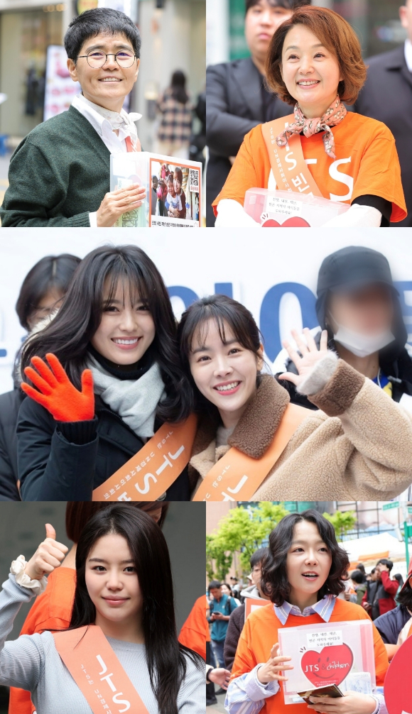 노희경 작가, 배우 배종옥, 한지민, 한효주, 조혜정, 이상희가 명동에서 &lsquo;길벗 JTS 거리모금 캠페인&rsquo;에 나선다. [사진=길벗]