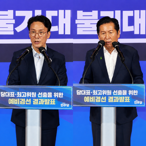23일 서울 여의도 국회 의원회관에서 더불어민주당 당 대표 예비경선을 통과한 김민석(왼쪽), 정청래 후보가 각각 인사말을 하고 있다. [사진=연합뉴스]