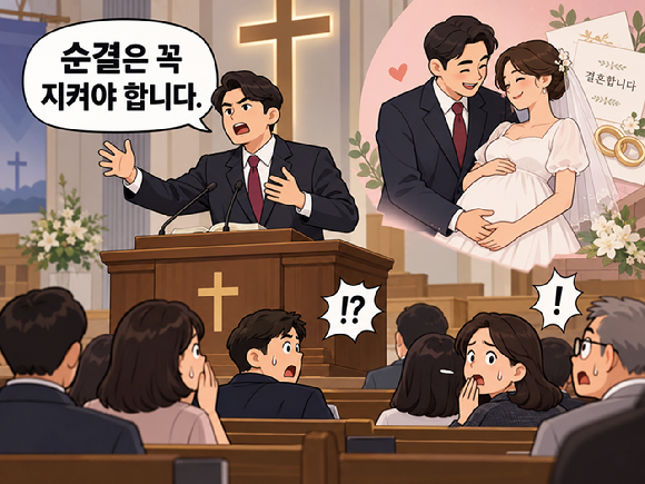 앞에서는 혼전순결과 정결을 강조했던 교회 전도사가 '혼전임신'으로 결혼한다는 사실에 큰 실망감을 느꼈다는 교회 신자의 사연이 알려졌다. 그림은 챗GPT로 생성한 인공지능(AI) 이미지. [그림=챗GPT]