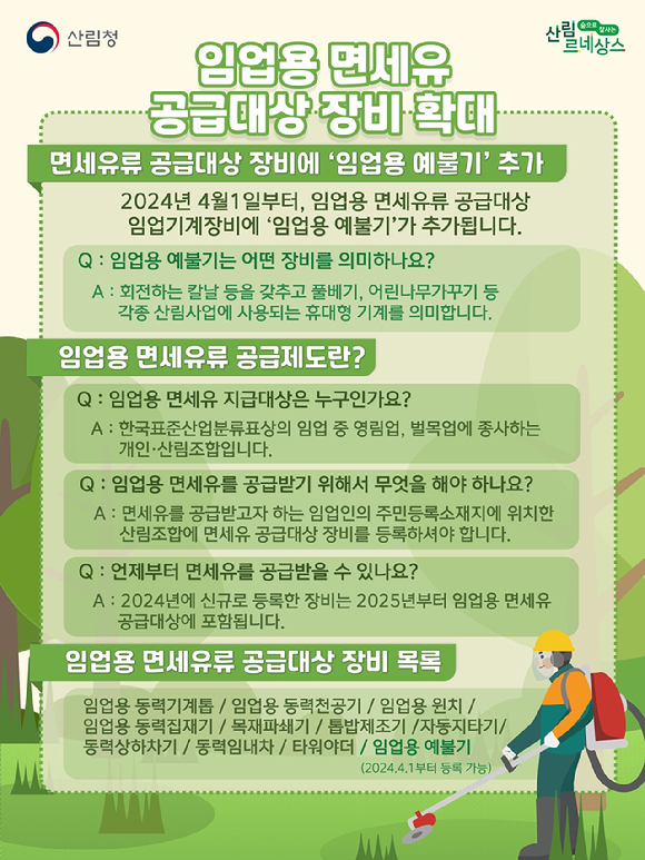 산림청이 임업용 면세유류 공급 대상으로 '임업용 예불기'가 더해진다고 25일 밝혔다. 사진은 관련 내용에 대한 인포그래픽이다.  [사진=산림청]