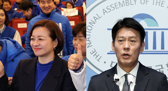 조수진 후보(왼쪽)와 한민수 더불어민주당 대변인. 제22대 총선에서 서울시 강북구을 지역구에 공천받은 조 후보가 22일 사퇴해, 한 대변인이 이 자리에 공천을 받게 됐다. [사진=뉴시스]
