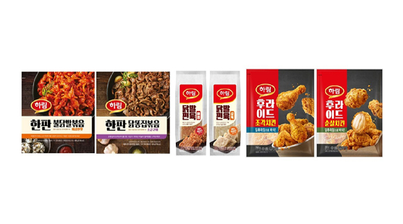 한판 불닭발볶음∙닭똥집볶음, 닭발편육, 하림치킨 시리즈(왼쪽부터). [사진=하림]