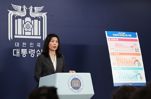 유혜미 대통령실 저출생대응수석이 26일 서울 용산 대통령실 청사에서 2024년 합계출산율 관련 브리핑을 하고 있다. 2025.2.26 [사진=연합뉴스]